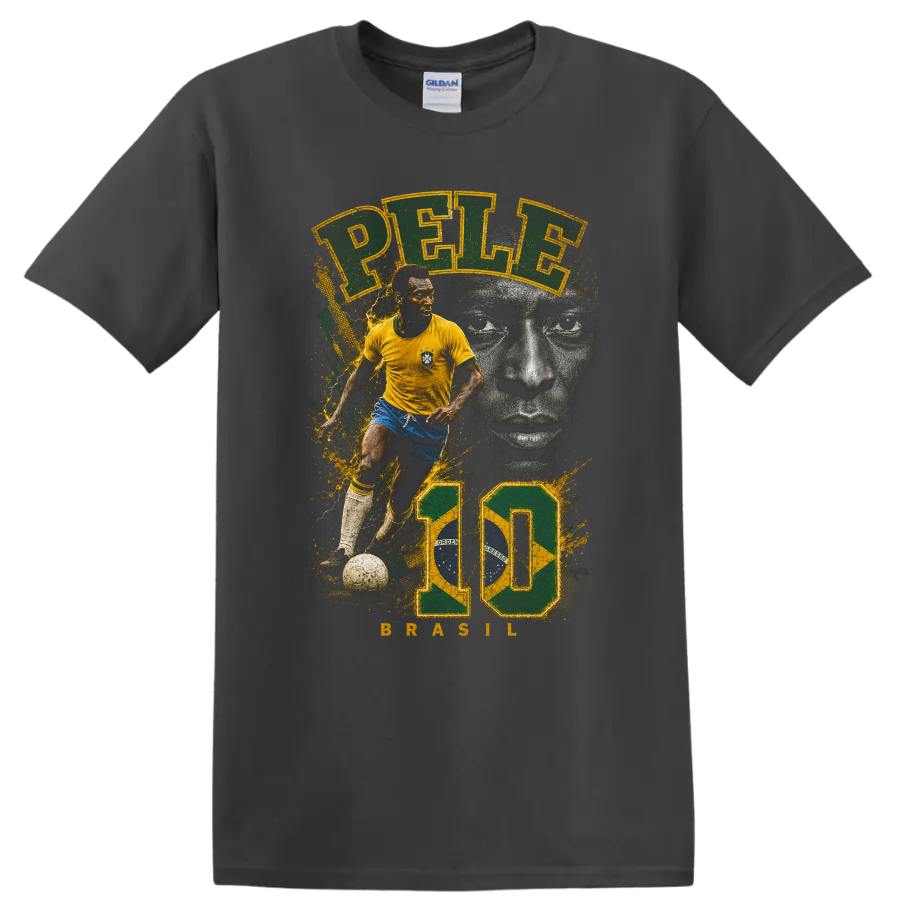 Pelé Brazil soccer graphic print with action pose and grayscale portrait on a Charcoal T Shirt