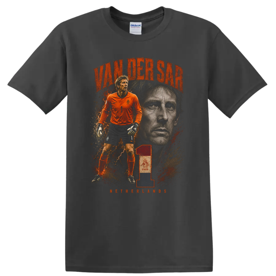 Edwin van der Sar Netherlands goalkeeper vintage soccer graphic on a Charcoal T Shirt