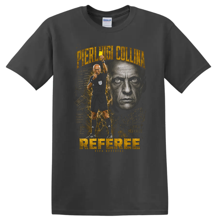 Pierluigi Collina referee portrait with yellow card and bold gold typography on a Charcoal T Shirt