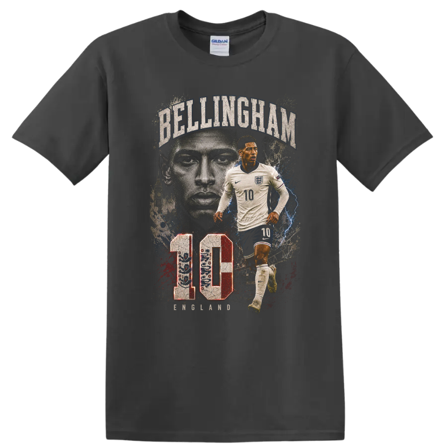 Jude Bellingham soccer action portrait with BELLINGHAM text and number 10 on a Charcoal T Shirt