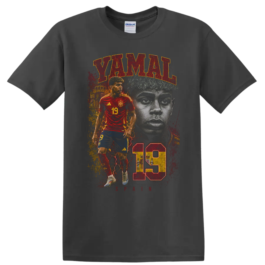 Lamine Yamal soccer portrait graphic with YAMAL and number 19 on a Charcoal T Shirt