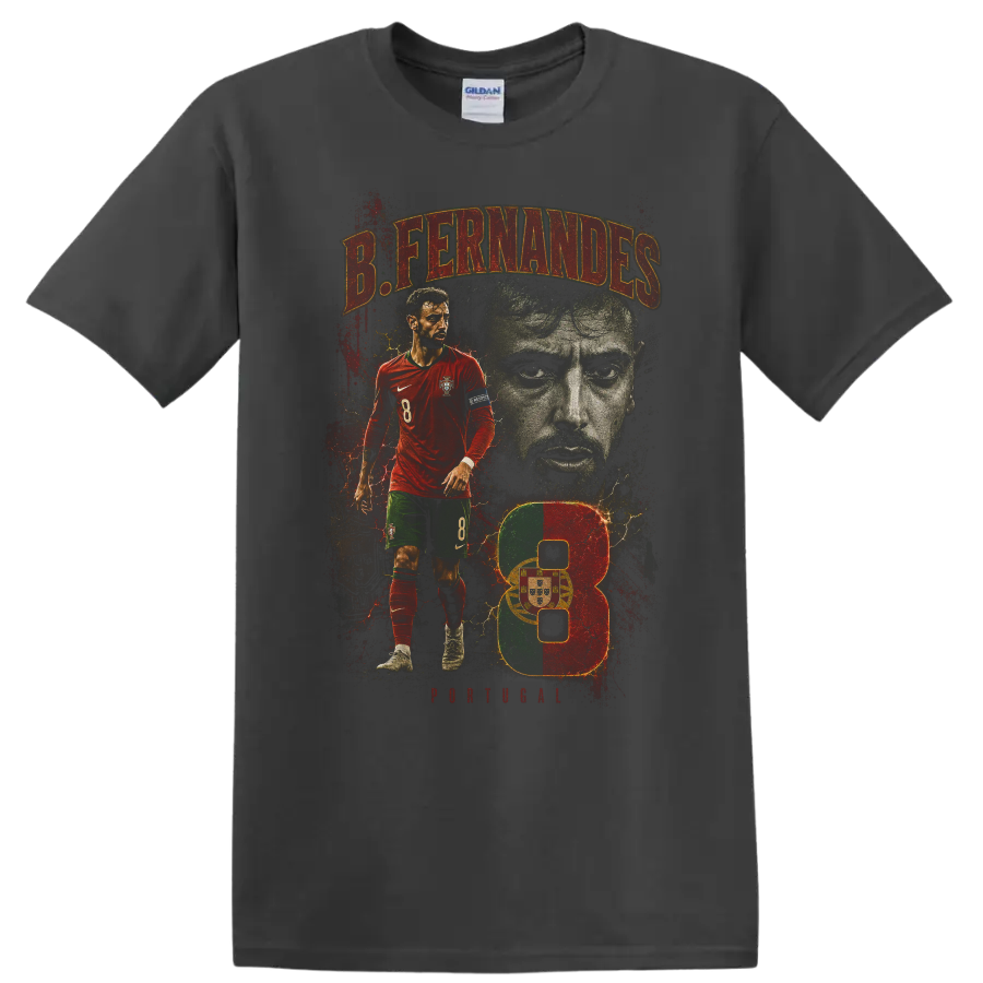 Bruno Fernandes Portugal soccer action portrait with number 8 graphic on a Charcoal T Shirt