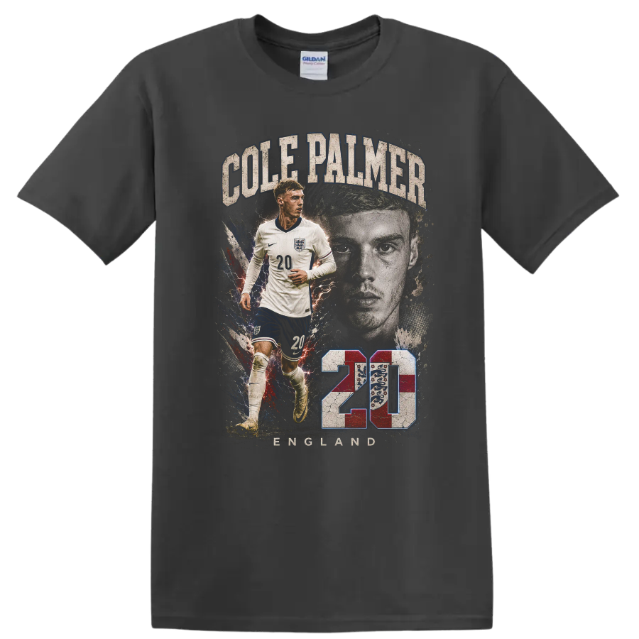 Cole Palmer England soccer Graphic print with number 20 and portrait on a Charcoal T Shirt
