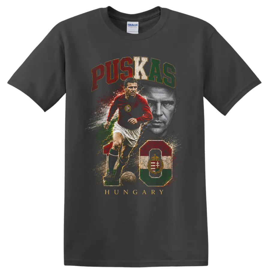 Ferenc Puskás Hungary soccer graphic with portrait, action pose, and number 10 on a Charcoal T Shirt