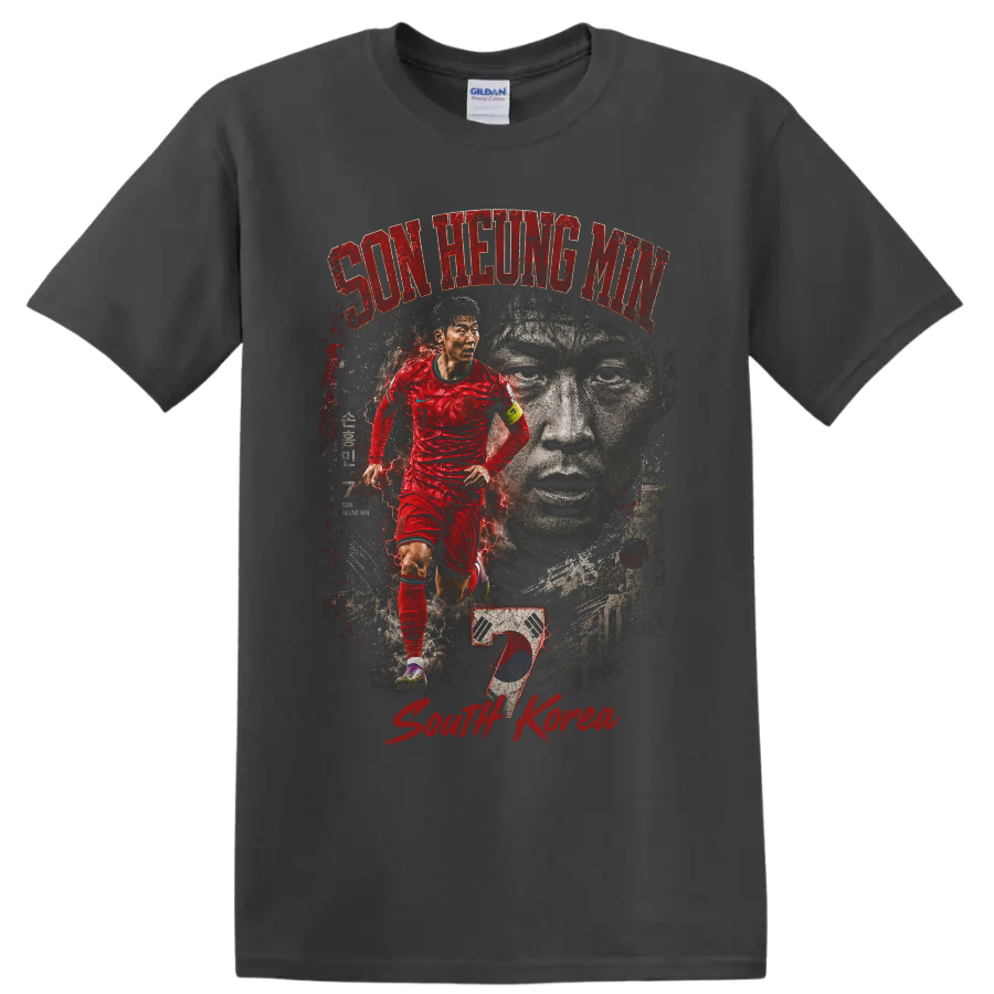Son Heung-min South Korea distressed soccer graphic with portrait and flag on a Charcoal T Shirt