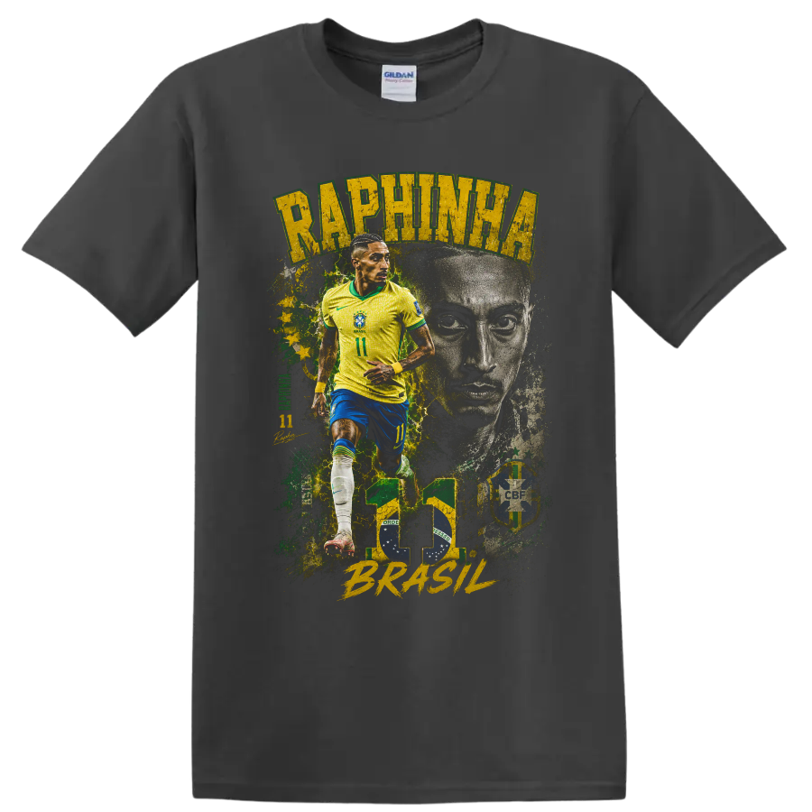 Raphinha Brazil soccer collage with action pose and portrait on a Charcoal T Shirt