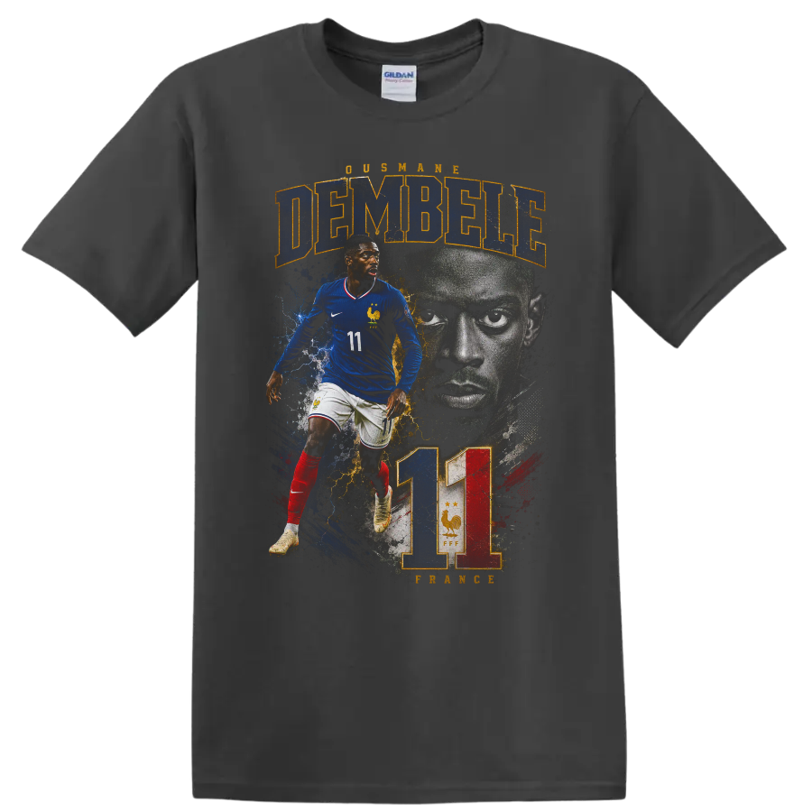 Ousmane Dembélé France soccer graphic with DEMBÉLÉ and number 11 on a Charcoal T Shirt