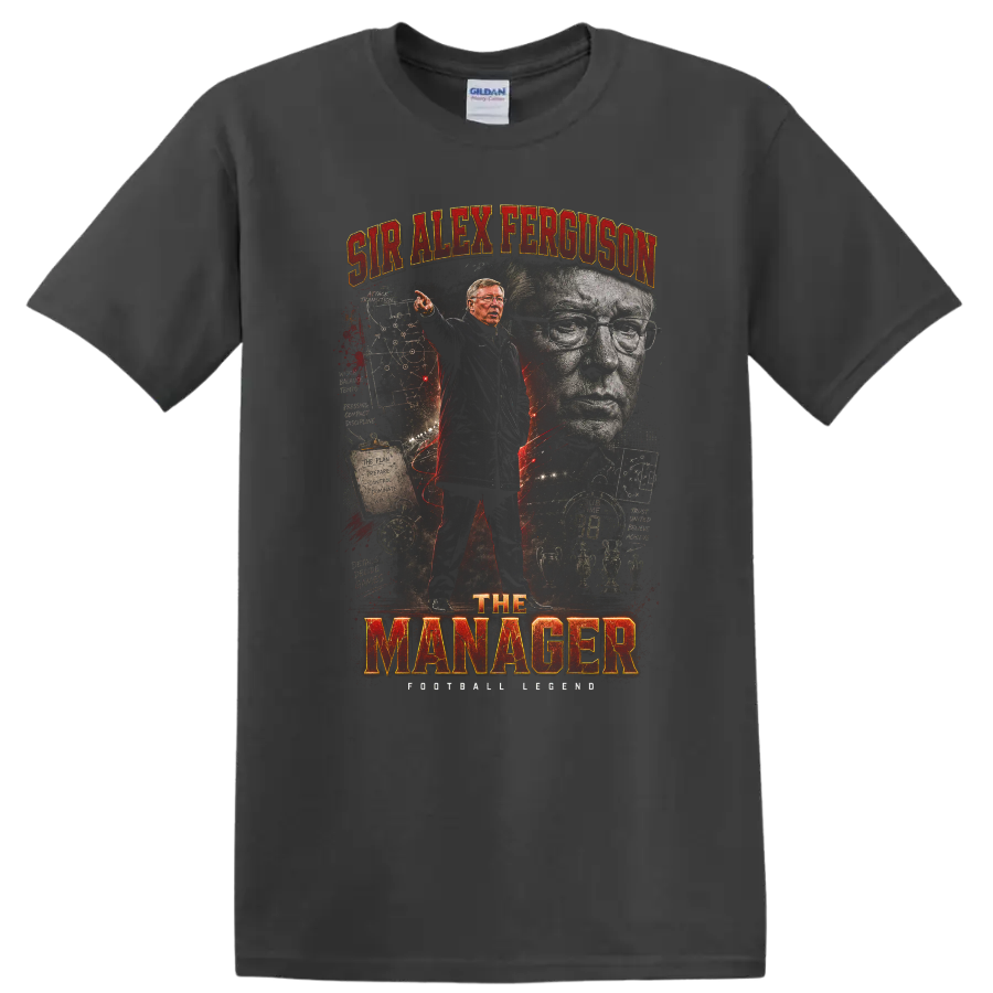 Sir Alex Ferguson Manchester United manager graphic with red and gold lettering on a Charcoal T Shirt