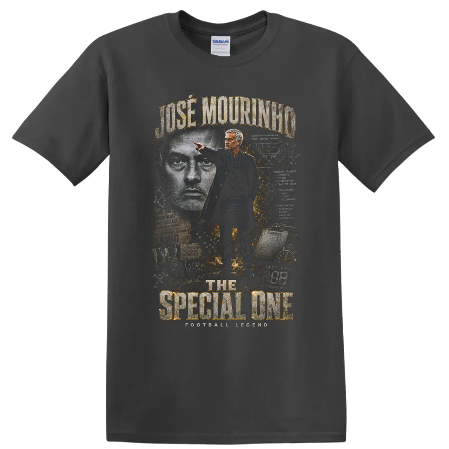 José Mourinho Real Madrid soccer coach portrait with The Special One text on a Charcoal T Shirt