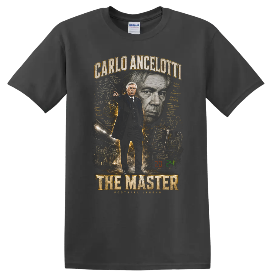 Carlo Ancelotti The Master soccer coach portrait graphic print on a Charcoal T Shirt