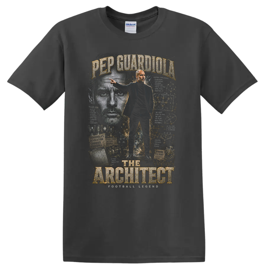 Pep Guardiola Manchester City tactical collage with The Architect text on a Charcoal T Shirt