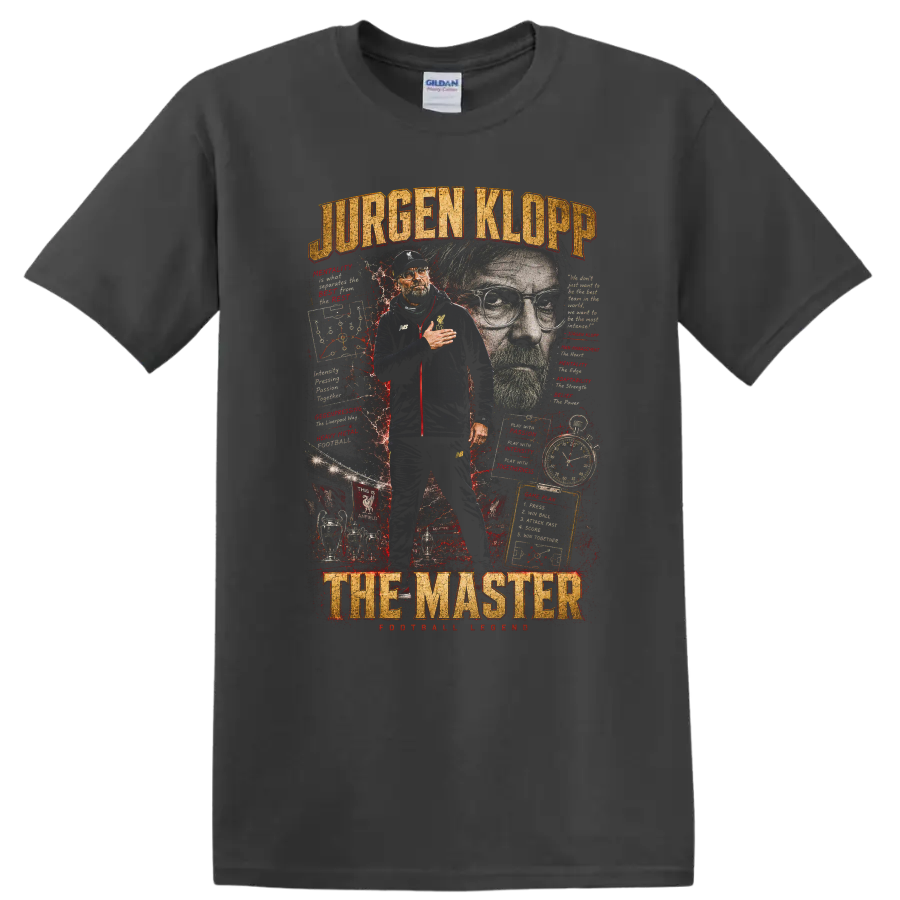 Jürgen Klopp Liverpool FC soccer coach collage with The Master text on a Charcoal T Shirt