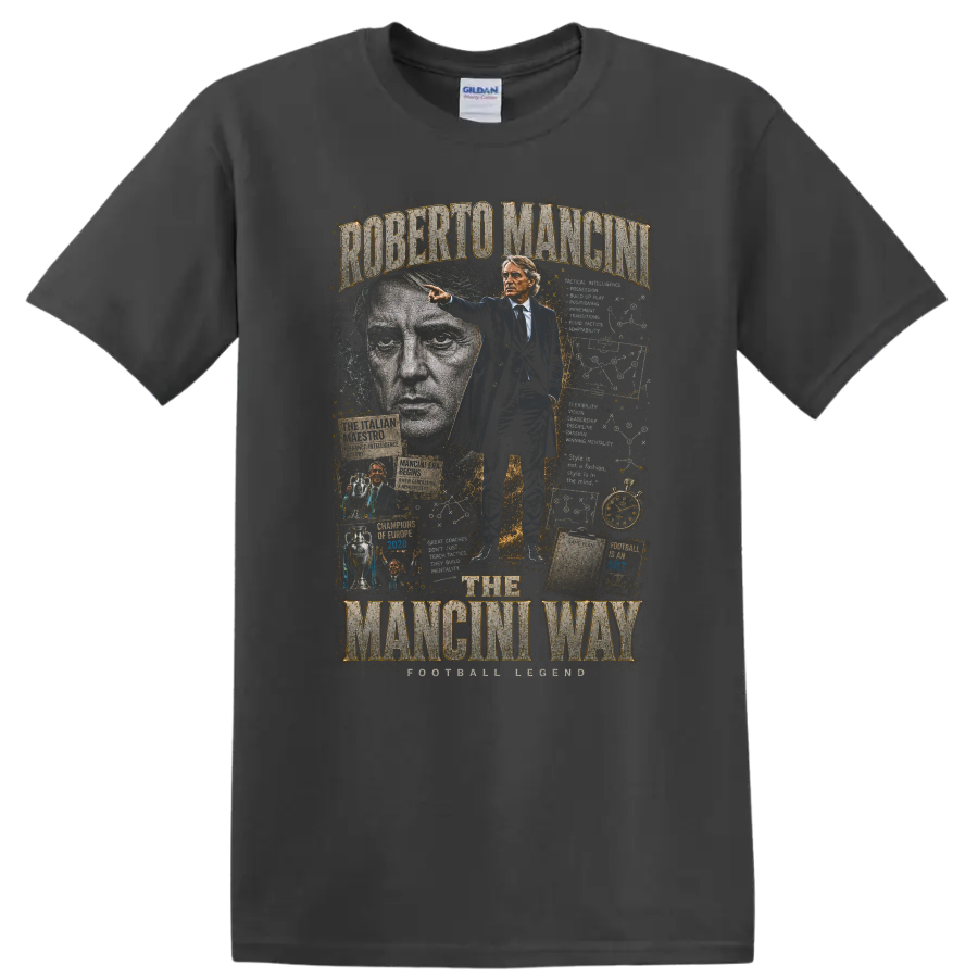 Roberto Mancini Italy soccer coach collage with The Mancini Way text on a Charcoal T Shirt
