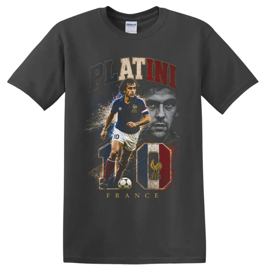 Michel Platini France soccer player vintage graphic with PLATINI text on a Charcoal T Shirt