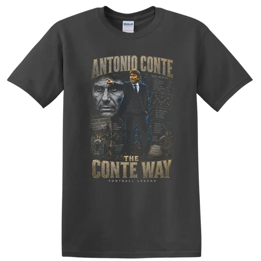 Antonio Conte The Conte Way soccer coach collage graphic print on a Charcoal T Shirt