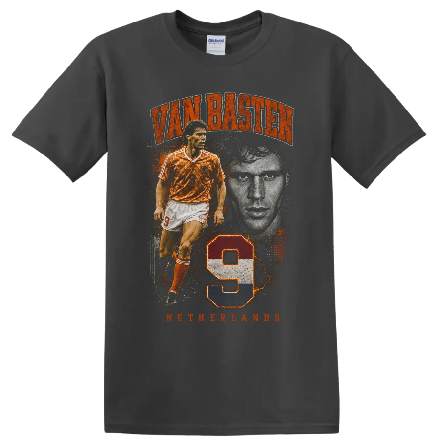 Marco van Basten Netherlands number 9 distressed soccer portrait design on a Charcoal T Shirt