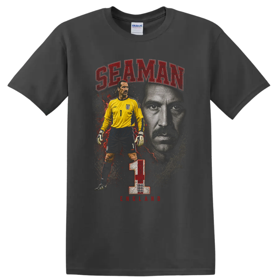 David Seaman Arsenal goalkeeper retro soccer portrait with number 1 on a Charcoal T Shirt
