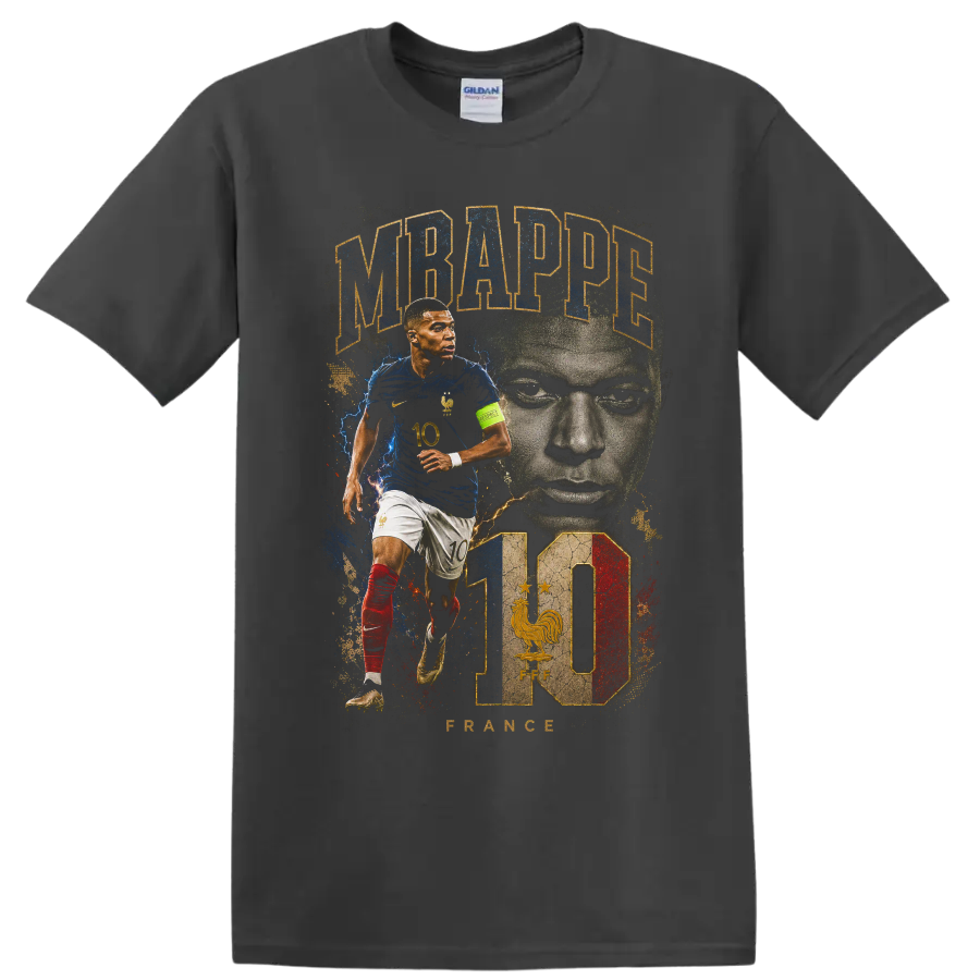 Kylian Mbappé France soccer action portrait graphic with number 10 on a Charcoal T Shirt