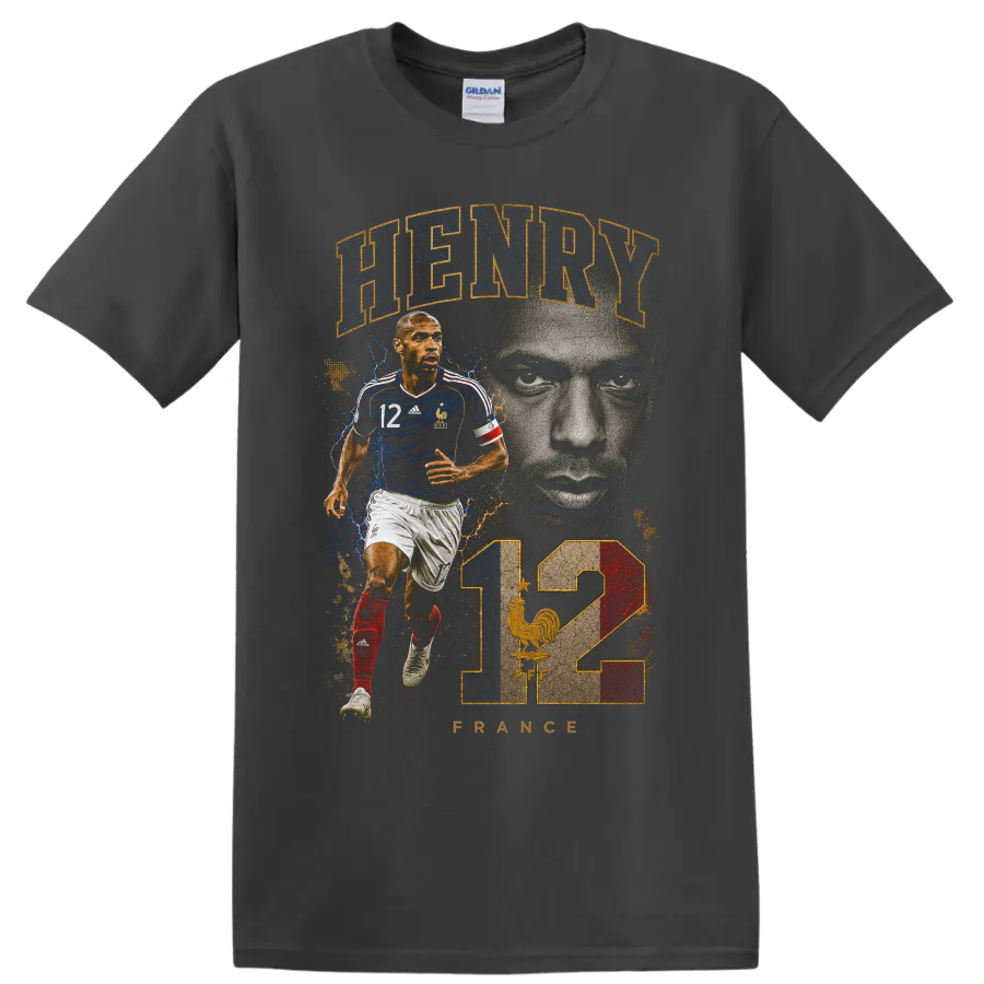 Thierry Henry France soccer tribute graphic with number 12 on a Charcoal T Shirt