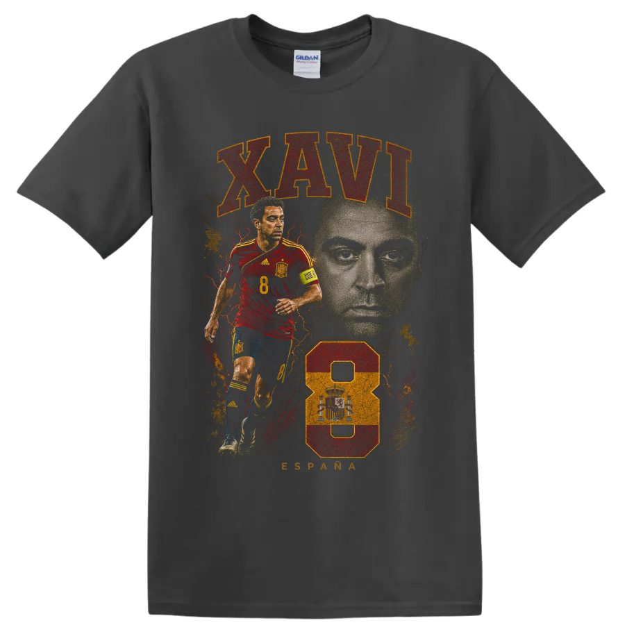 Xavi Hernández Spain soccer tribute graphic with portrait and number 8 on a Charcoal T Shirt