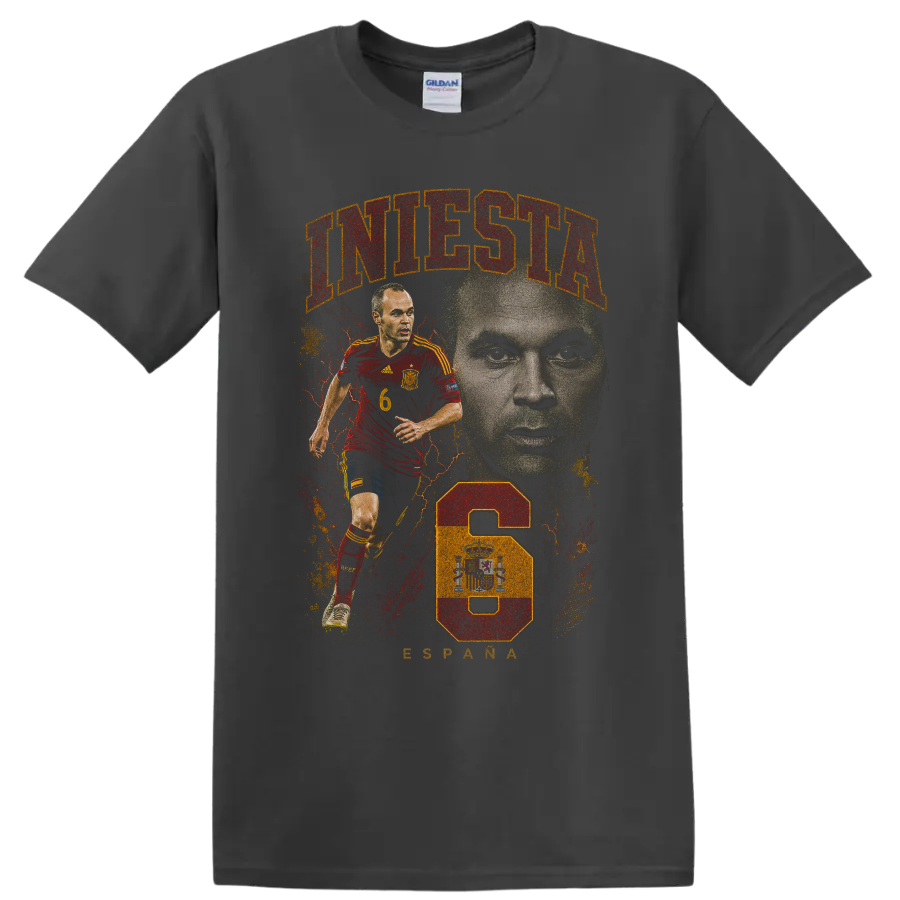 Xavi Hernández Spain soccer action portrait graphic print on a Charcoal T Shirt