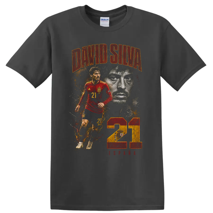 David Silva Spain soccer portrait and action graphic with number 21 on a Charcoal T Shirt