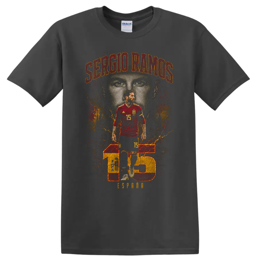 Sergio Ramos Spain soccer portrait with name and number 15 graphic on a Charcoal T Shirt