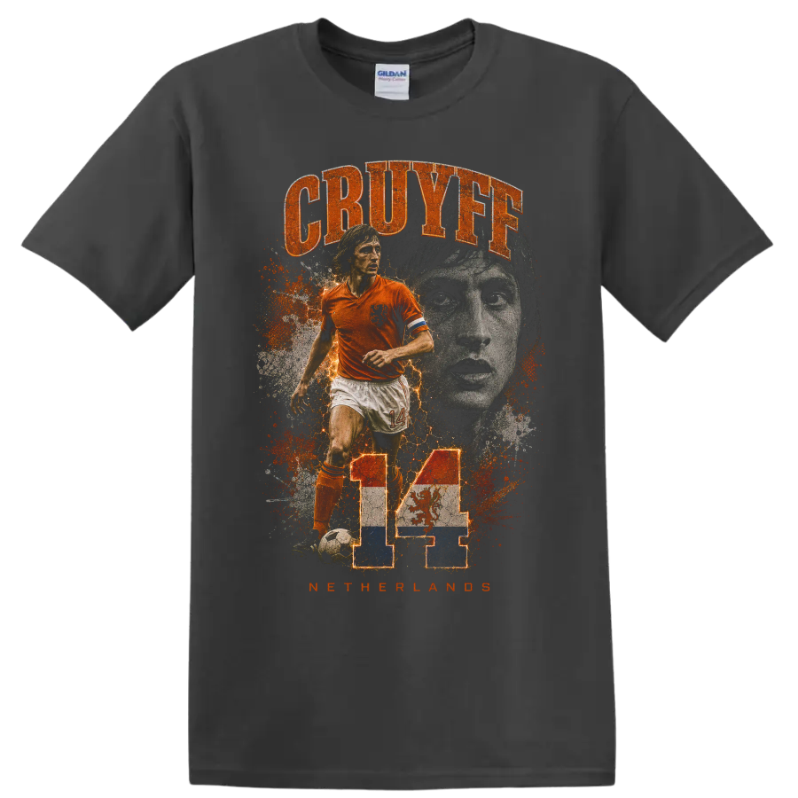 Johan Cruyff Netherlands soccer collage with CRUYFF and number 14 on a Charcoal T Shirt