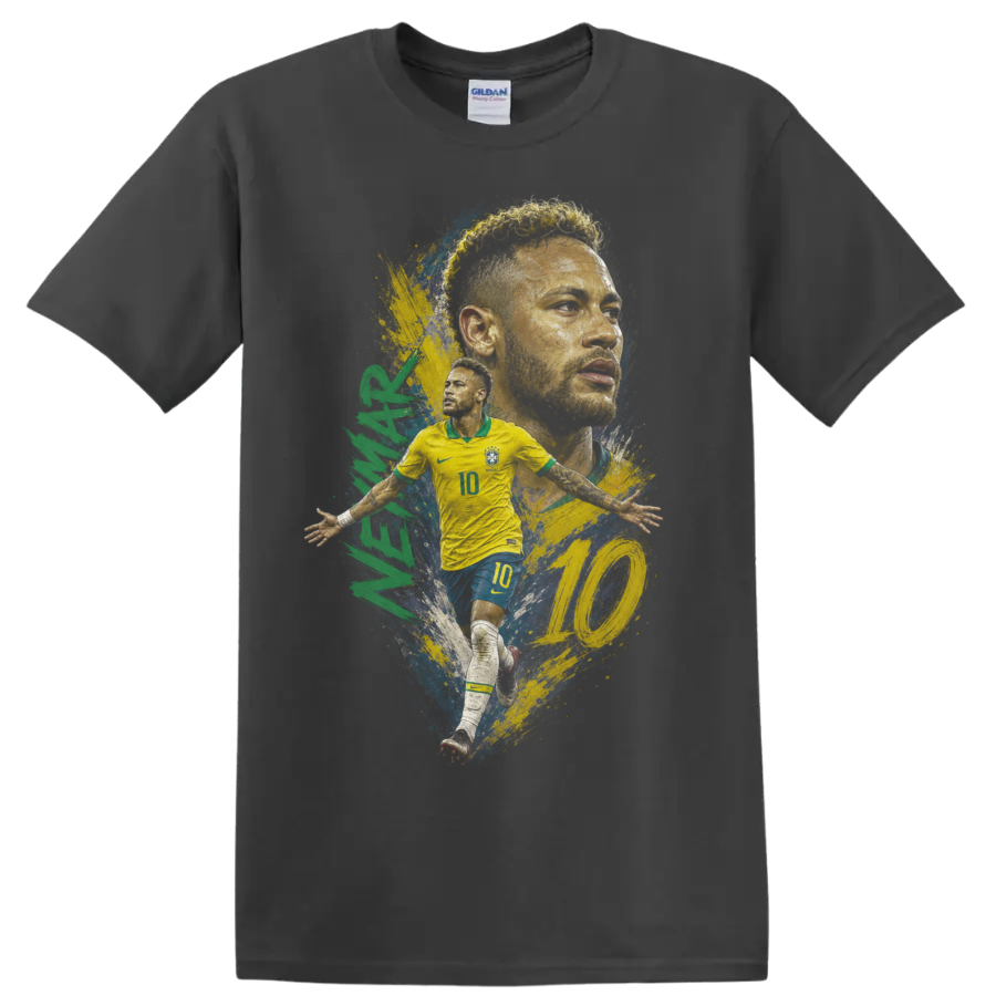 Neymar Brazil soccer player number 10 portrait and action graphic on a Charcoal T Shirt