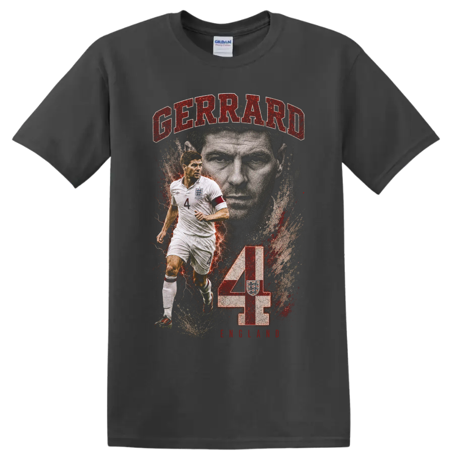 Steven Gerrard England number 4 soccer tribute graphic with captain portrait on a Charcoal T Shirt