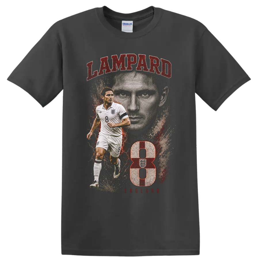 Frank Lampard England soccer portrait graphic with LAMPARD text and number 8 on a Charcoal T Shirt