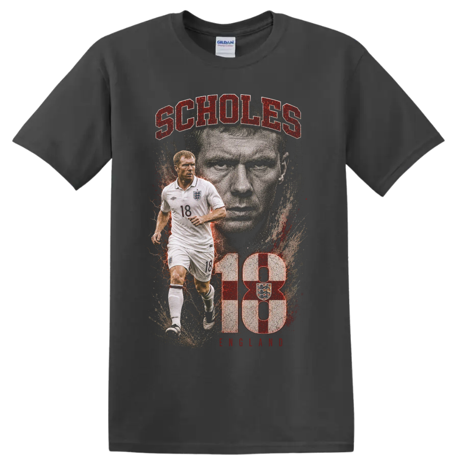 Paul Scholes England soccer portrait graphic with SCHOLES text on a Charcoal T Shirt