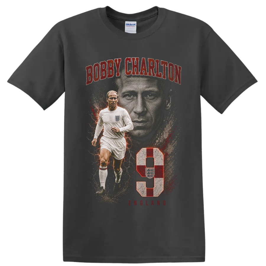 Bobby Charlton vintage soccer portrait graphic with England kit and number 9 on a Charcoal T Shirt