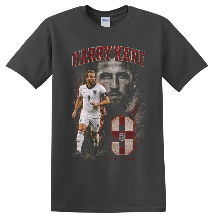 Harry Kane England soccer graphic with number 9 on a Charcoal T Shirt