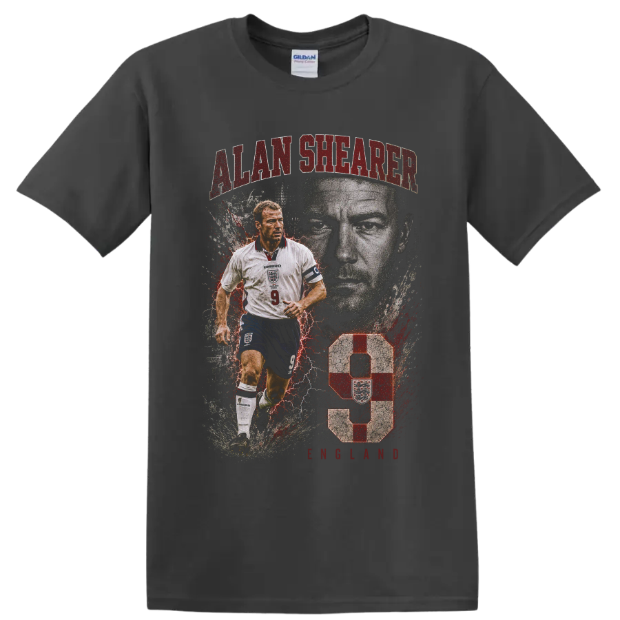 Alan Shearer England number 9 distressed soccer action portrait graphic on a Charcoal T Shirt