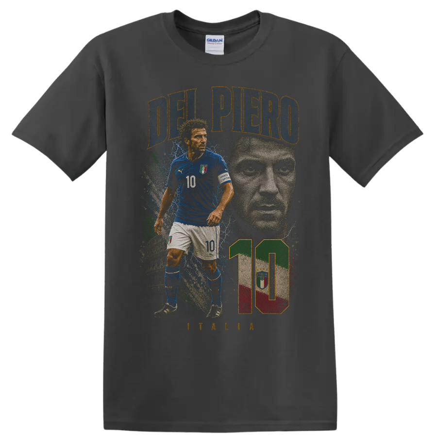 Alessandro Del Piero Italy soccer graphic with DEL PIERO and number 10 on a Charcoal T Shirt