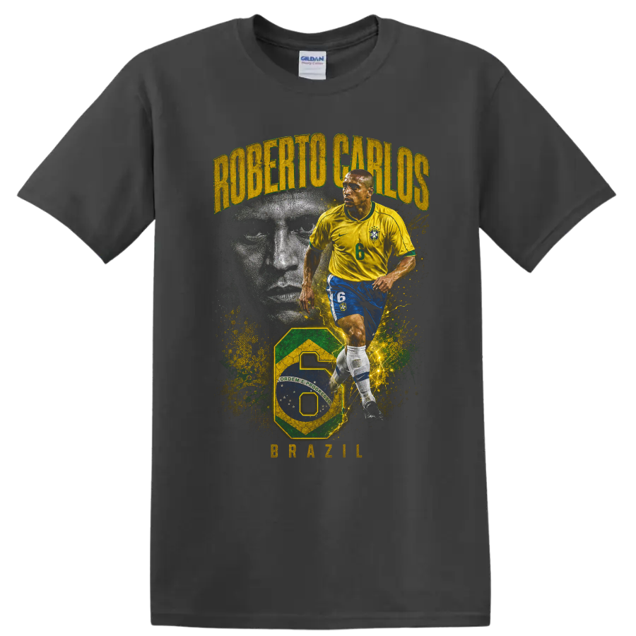 Roberto Carlos Brazil soccer action portrait with ROBERTO CARLOS and BRAZIL text on a Charcoal T Shirt
