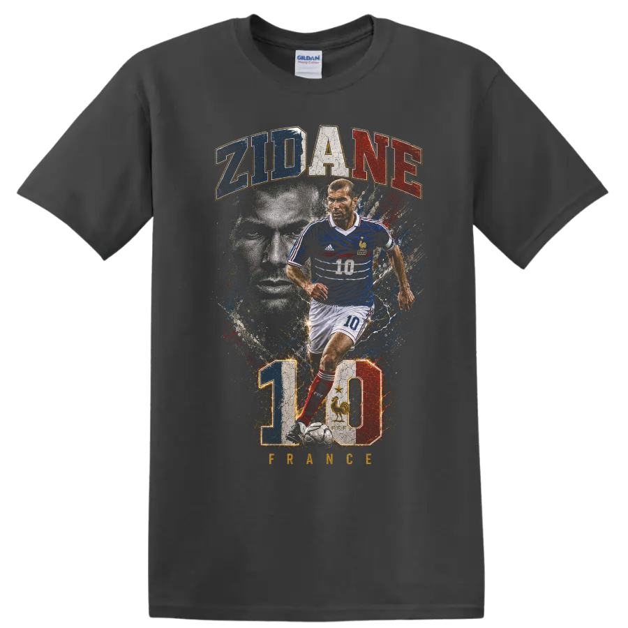 Zinedine Zidane France number 10 distressed soccer graphic on a Charcoal T Shirt