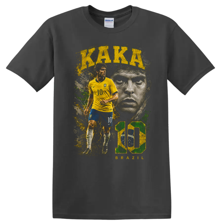 Kaká Brazil soccer graphic with action pose, portrait, and KAKA BRAZIL text on a Charcoal T Shirt
