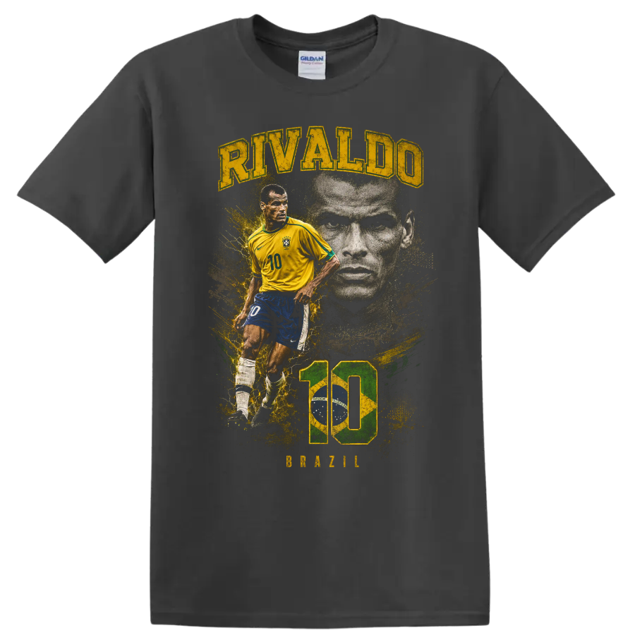 Rivaldo Brazil soccer graphic with number 10, action pose, and portrait on a Charcoal T Shirt