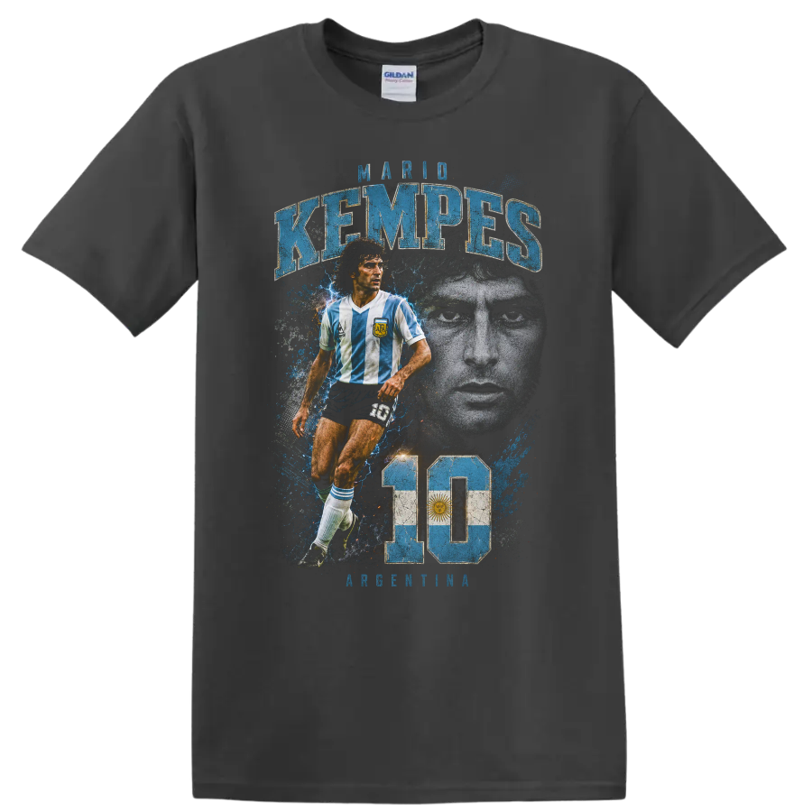 Mario Kempes Argentina soccer legend vintage number 10 graphic on a Charcoal T Shirt