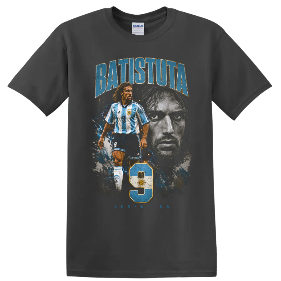 Gabriel Batistuta Argentina soccer portrait graphic with number 9 on a Charcoal T Shirt