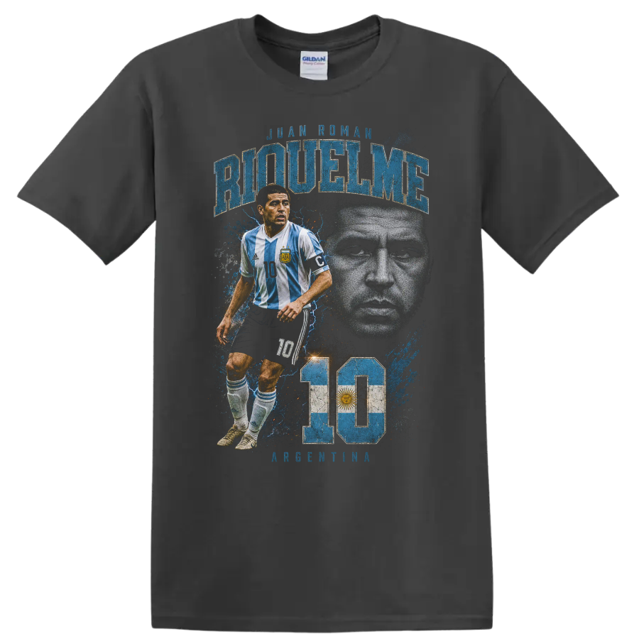 Juan Román Riquelme Argentina soccer portrait graphic print with number 10 on a Charcoal T Shirt
