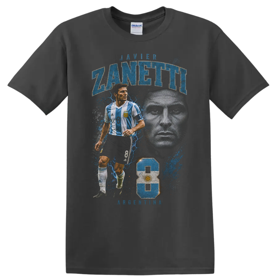 Javier Zanetti Argentina soccer portrait and action graphic with number 8 on a Charcoal T Shirt