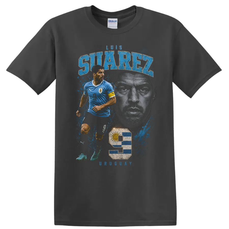 Luis Suárez Uruguay soccer action portrait graphic with bold name text on a Charcoal T Shirt