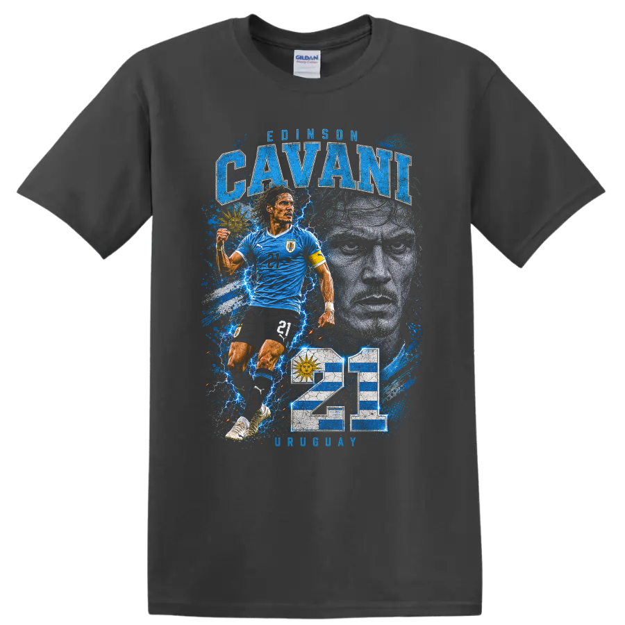 Edinson Cavani Uruguay soccer graphic with portrait, action pose, and number 21 on a Charcoal T Shirt