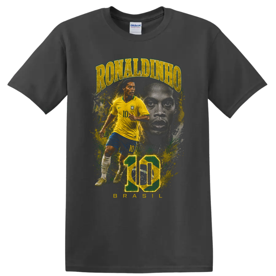 Ronaldinho Brazil soccer graphic with number 10 and bold portrait artwork on a Charcoal T Shirt