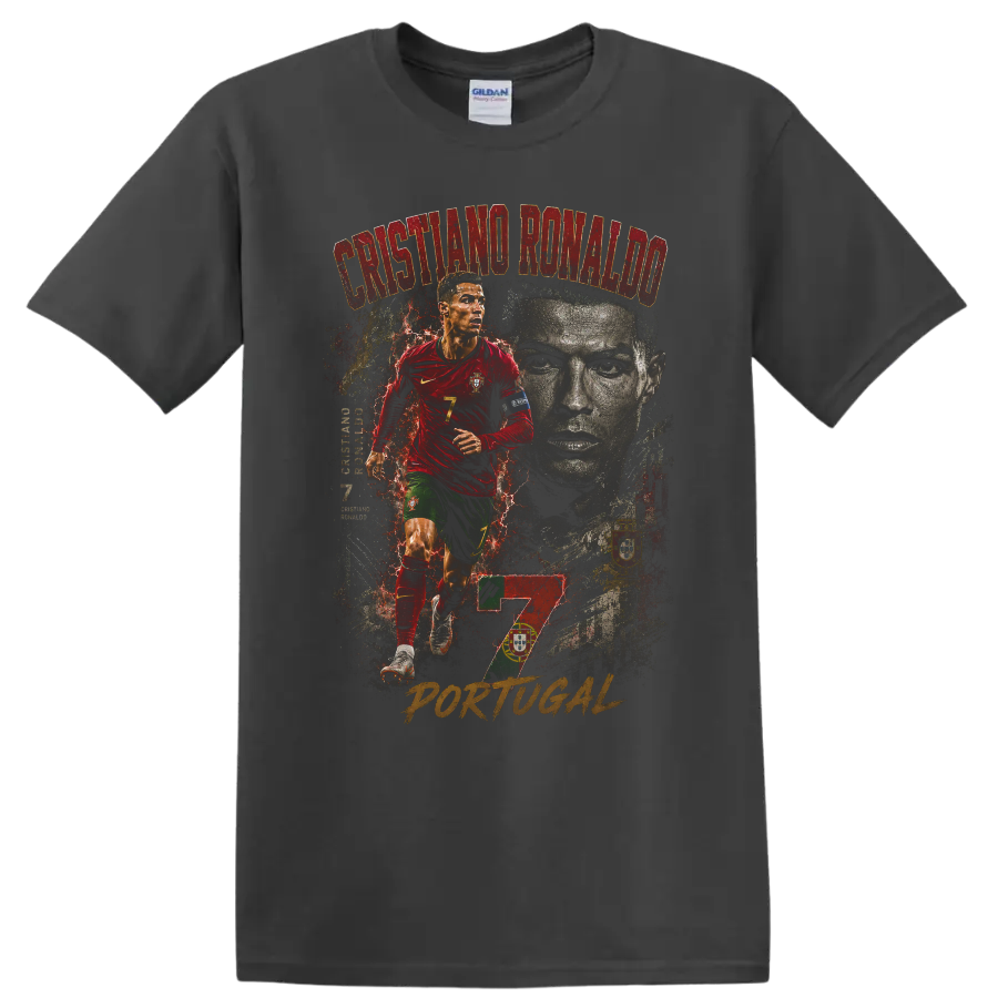Cristiano Ronaldo Portugal soccer action portrait with number 7 on a Charcoal T Shirt