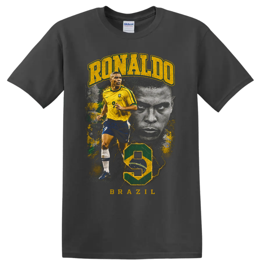 Ronaldo Nazário Brazil soccer action portrait graphic with bold lettering on a Charcoal T Shirt