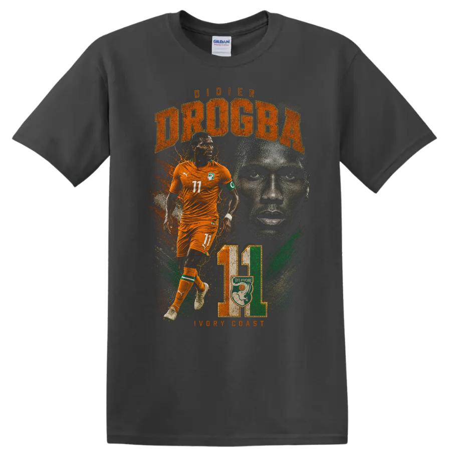 Didier Drogba Ivory Coast soccer action portrait with DROGBA text on a Charcoal T Shirt